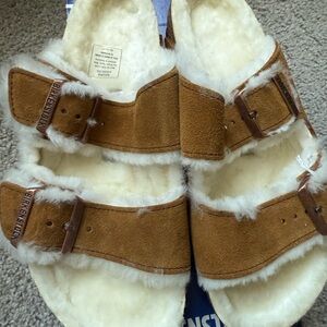 Birkenstock Shearling Sandals - Tan and Cream